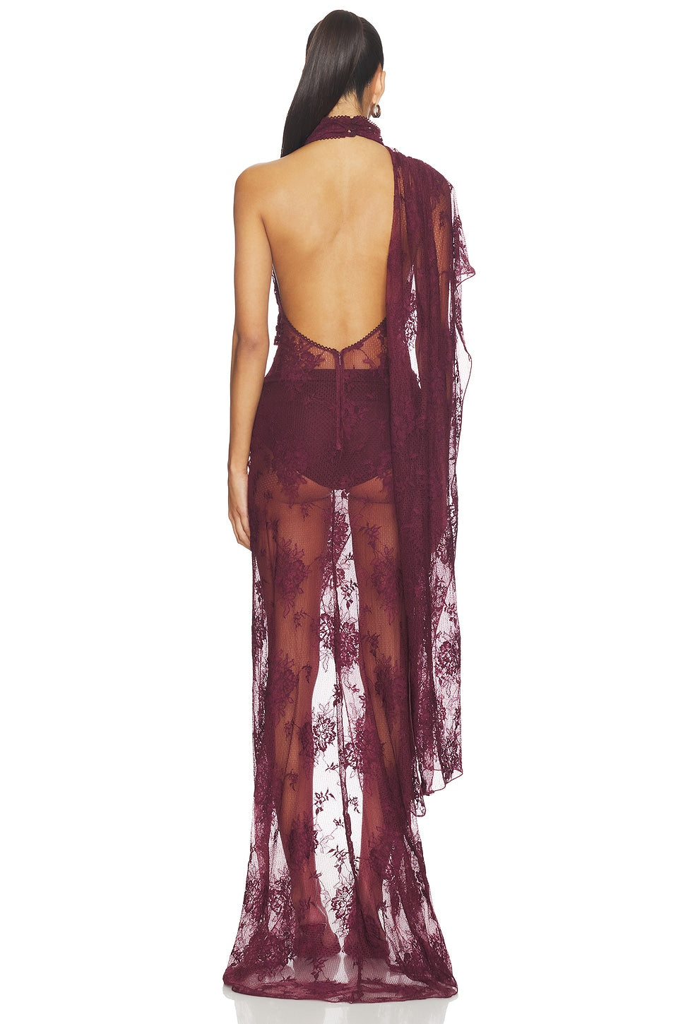 One Shoulder Lace Maxi Dress Burgundy HV2970