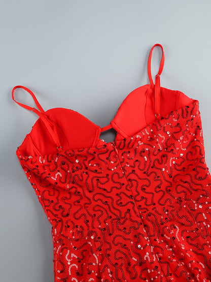 Bustier Sequin Ruffle Maxi Dress Red