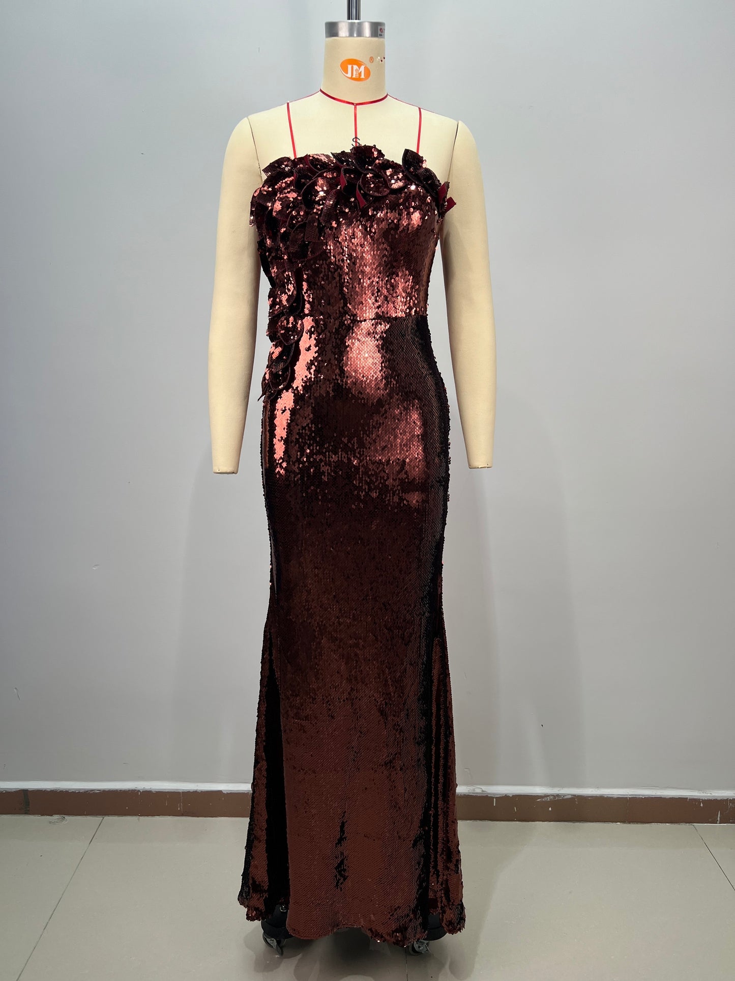 Strapless Sequin Floral Maxi Dress Brown HV2625