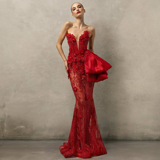 Strapless Floral Sequin Maxi Dress Red HV2729