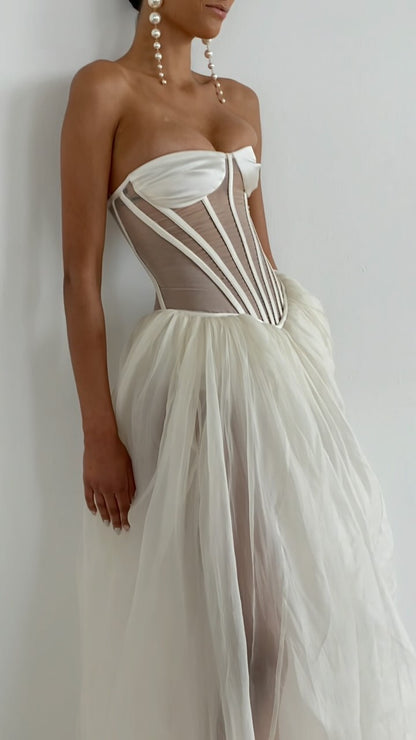 Strapless Corset A Line Maxi Dress White HV1963