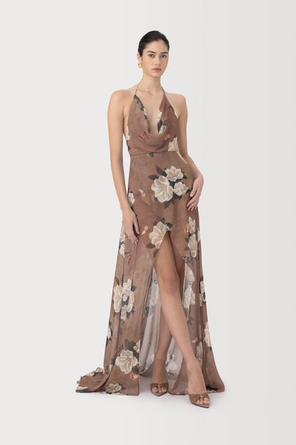 Halter Floral Maxi Dress Brown HV3086