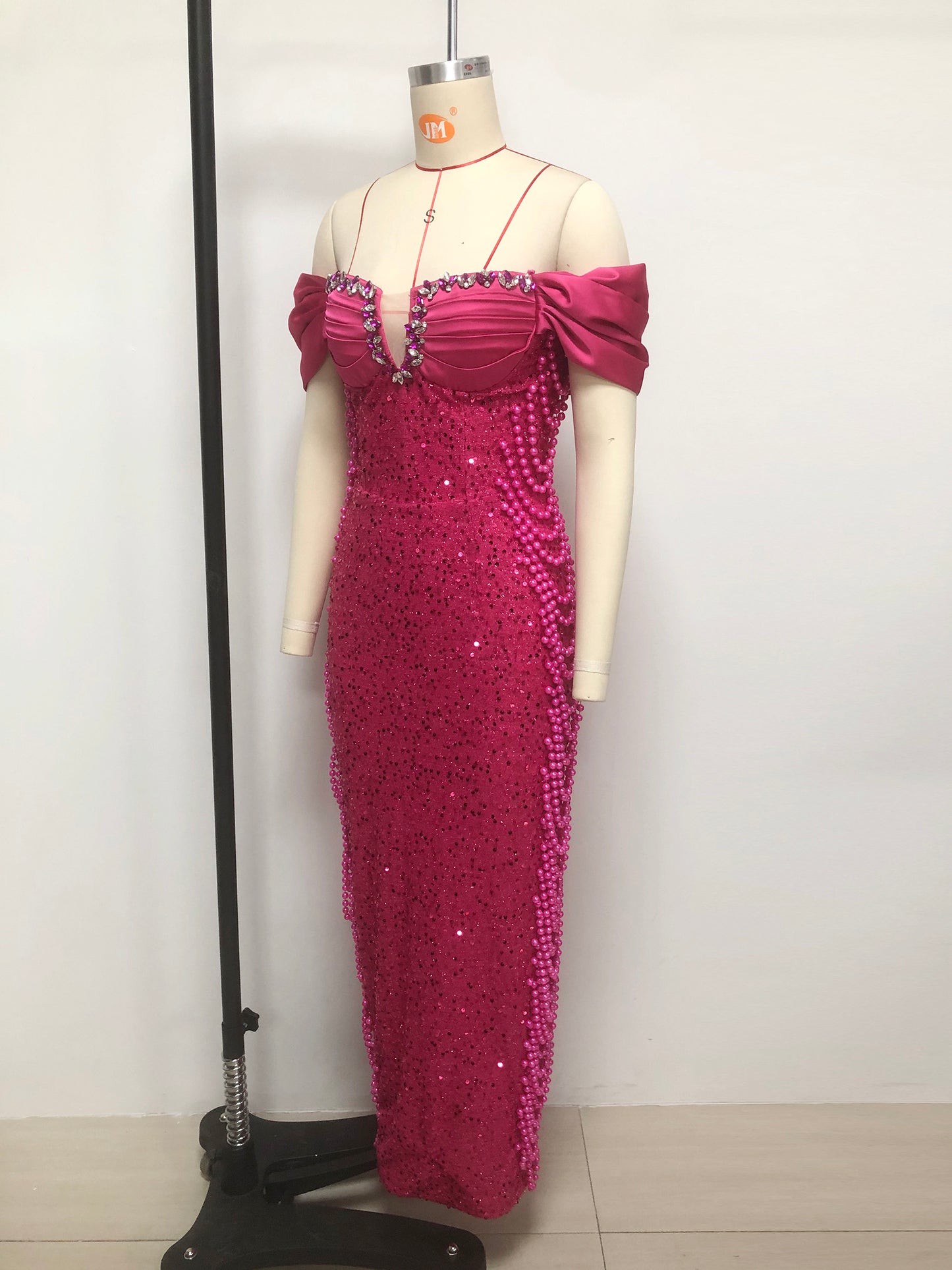 Bardot Crystal Bustier Sequin Maxi Dress Hot Pink HV2296