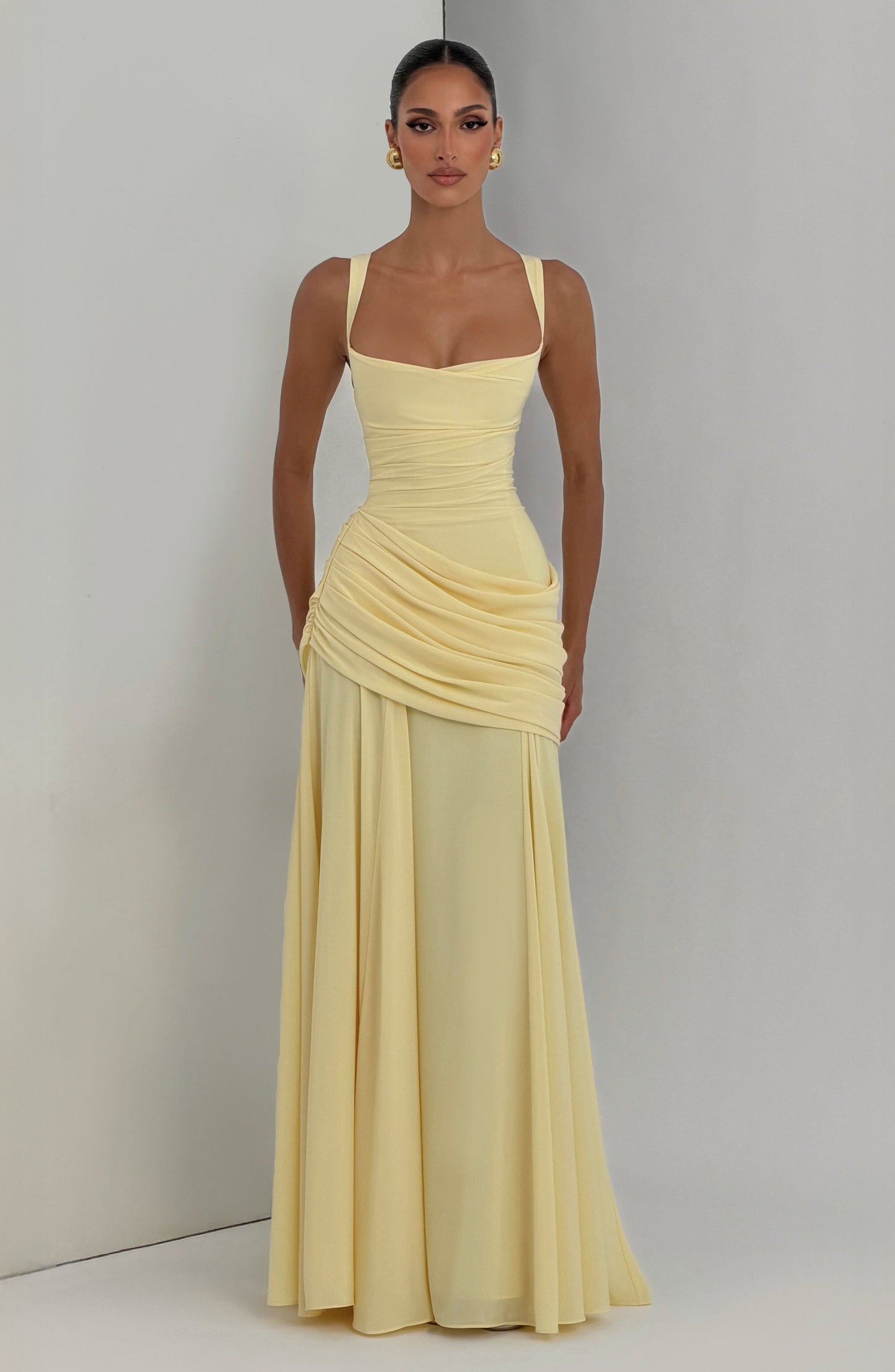 Halter Draped Detail Corset A Line Maxi Dress Yellow HV2962