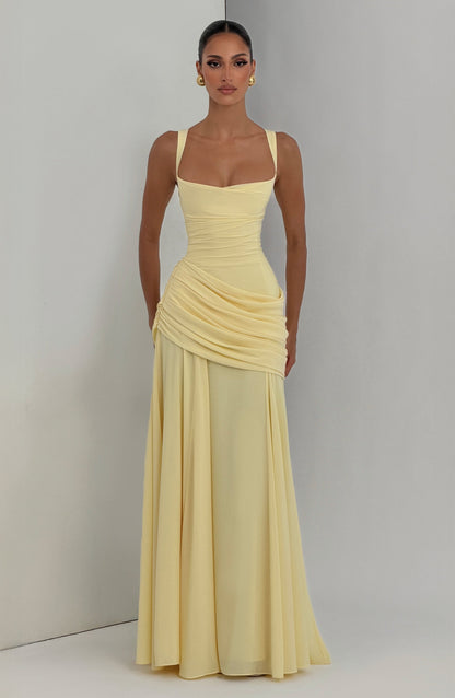 Halter Draped Detail Corset A Line Maxi Dress Yellow HV2962