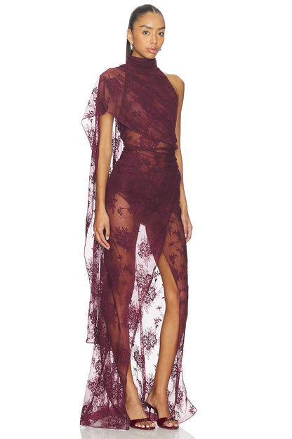 One Shoulder Lace Maxi Dress Burgundy HV2970
