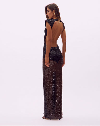 Sequin Backless Maxi Dress Black HV0067