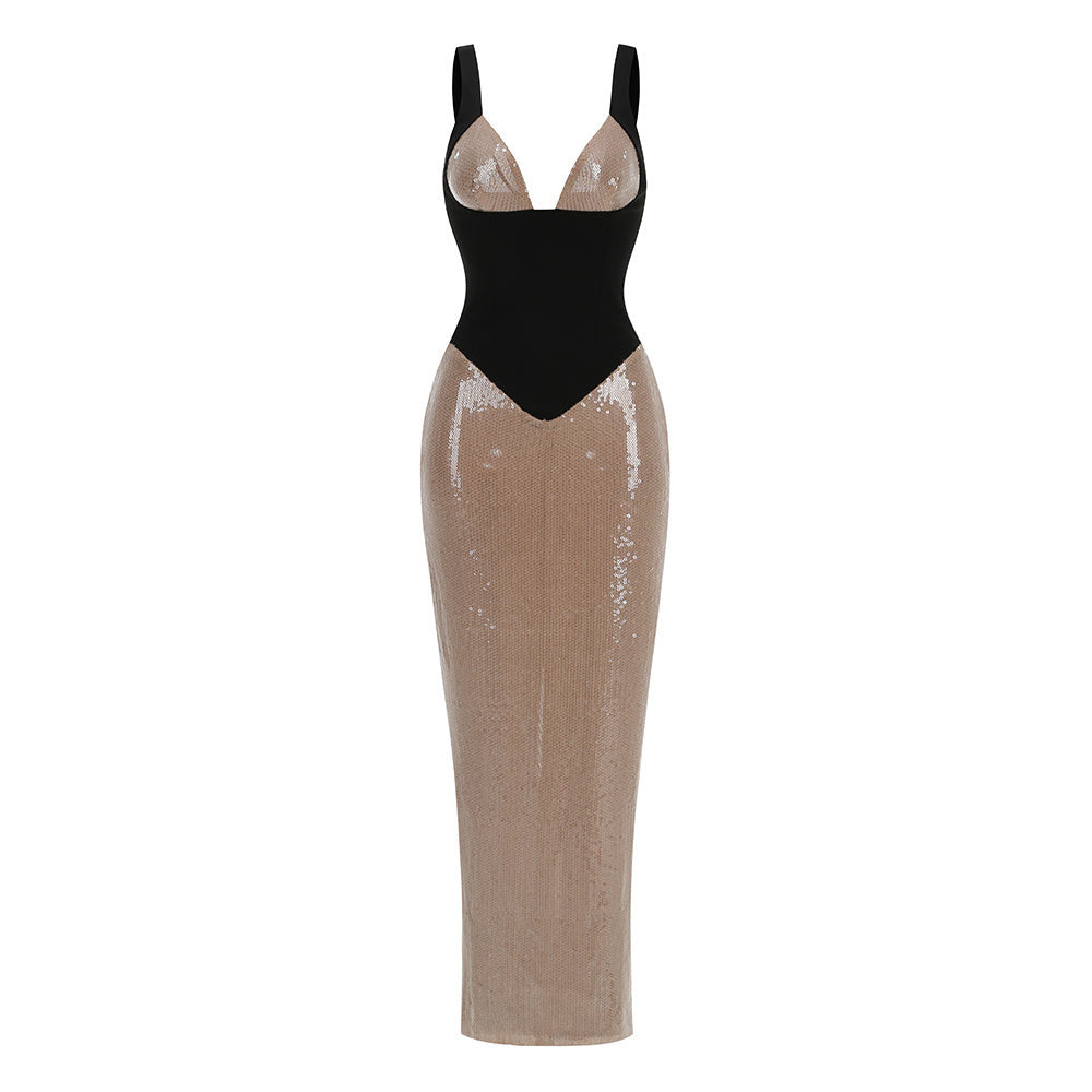Sequin Bustier Maxi Dress Black Brown HV2810