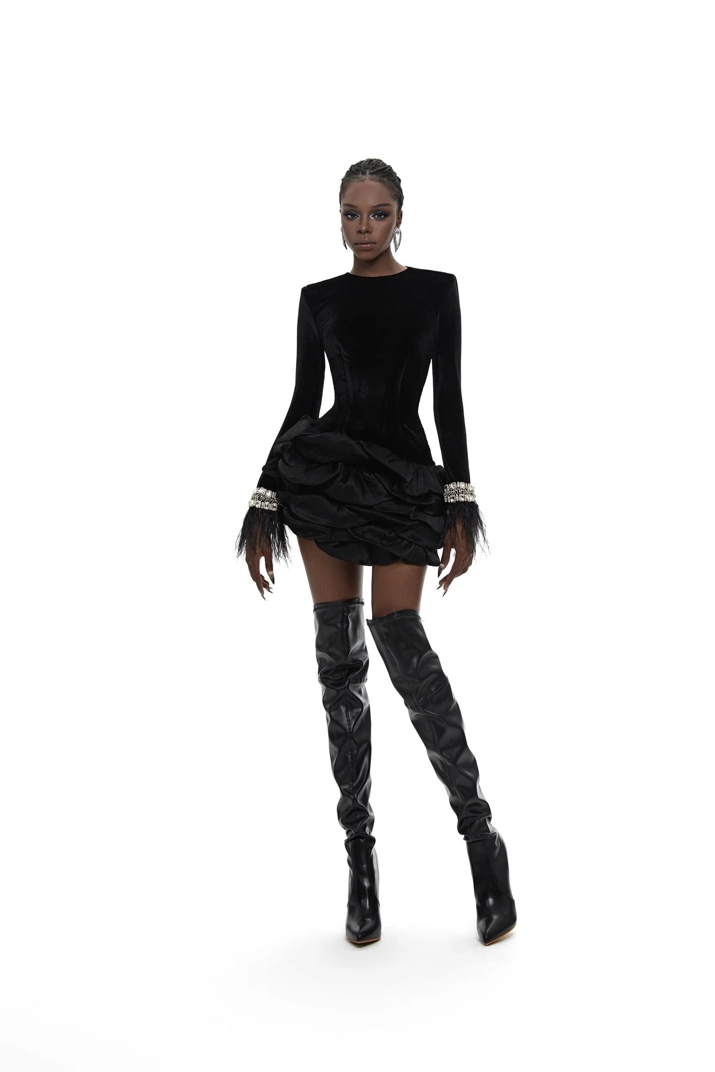 Crystal Feather Long Sleeve Ruffle Detail Dress Black HV2510