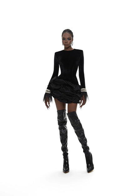 Crystal Feather Long Sleeve Ruffle Detail Dress Black HV2510