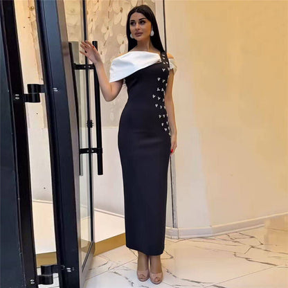 One Shoulder Bardot Crystal Maxi Dress Black White HV2900