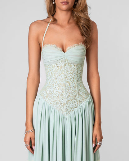 Halter Lace Corset A Line Maxi Dress HV0149
