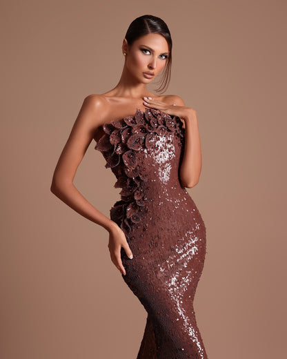 Strapless Sequin Floral Maxi Dress Brown HV2625