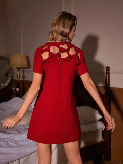 Short Sleeve Bow Detail A Line Dress Red  HV1361