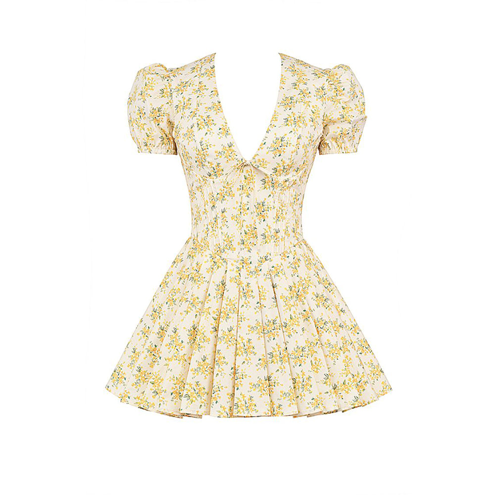 Short Sleeve Floral A Line Dress Yellow HV1205