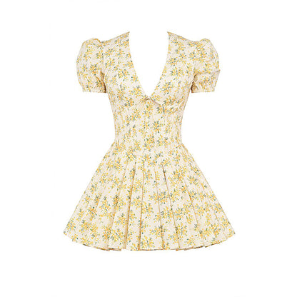 Short Sleeve Floral A Line Dress Yellow HV1205