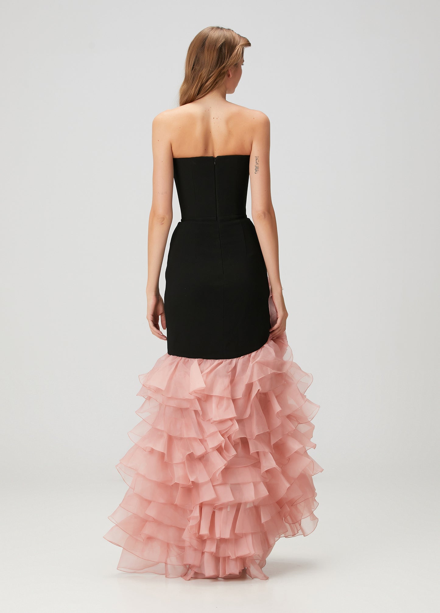 Strapless Floral Ruffle Maxi Dress Black Pink HV2811