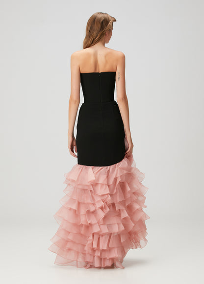 Strapless Floral Ruffle Maxi Dress Black Pink HV2811