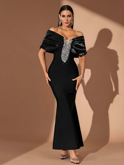Draped Bardot Crystal Embellished Maxi Dress Black HV2644