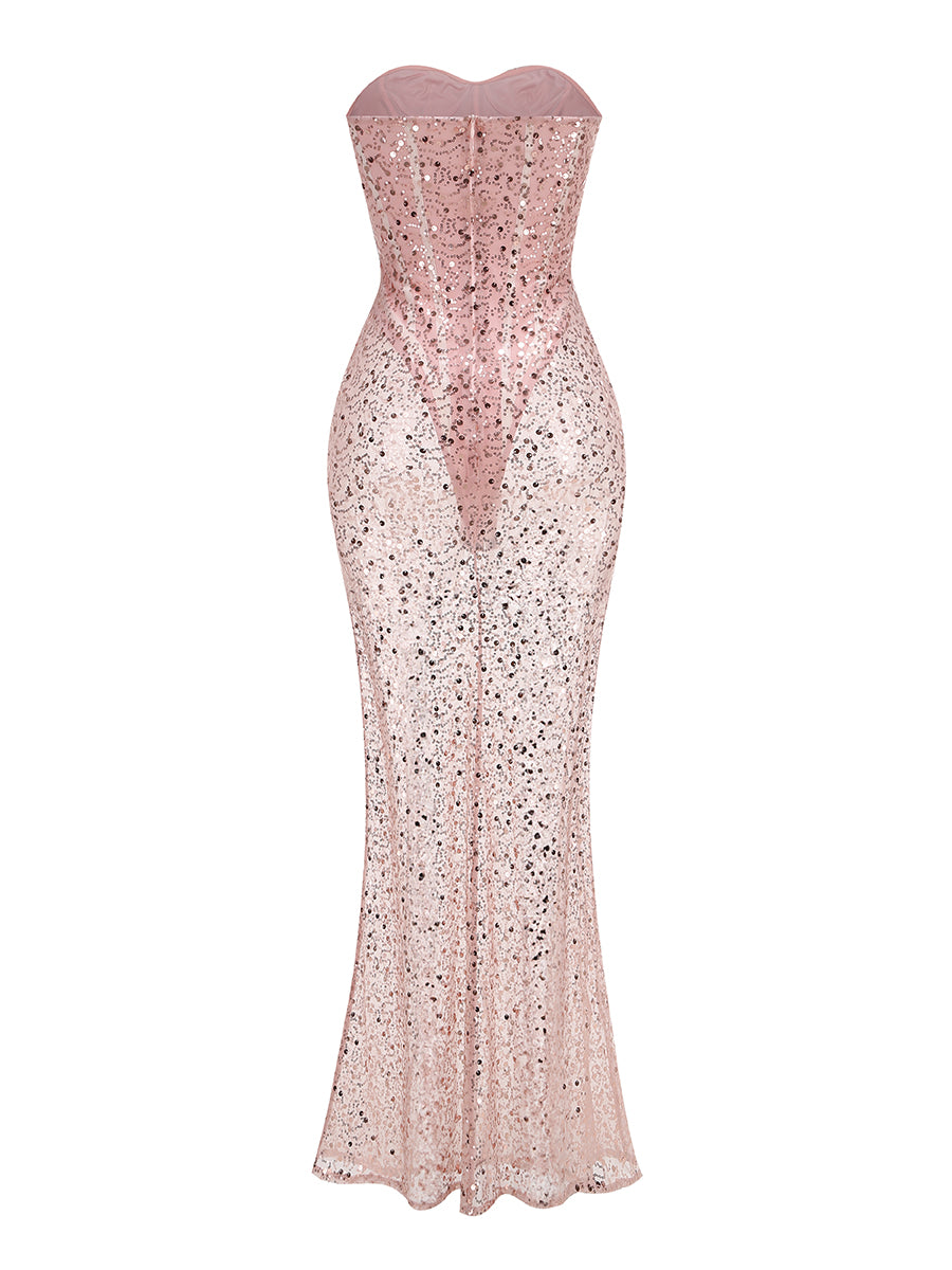 Strapless Sequin Corset Maxi Dress Pink