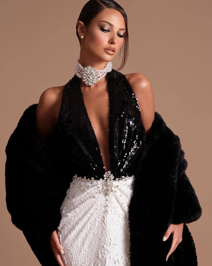 Halter Crystal Detail Sequin Maxi Dress Black White HV2872