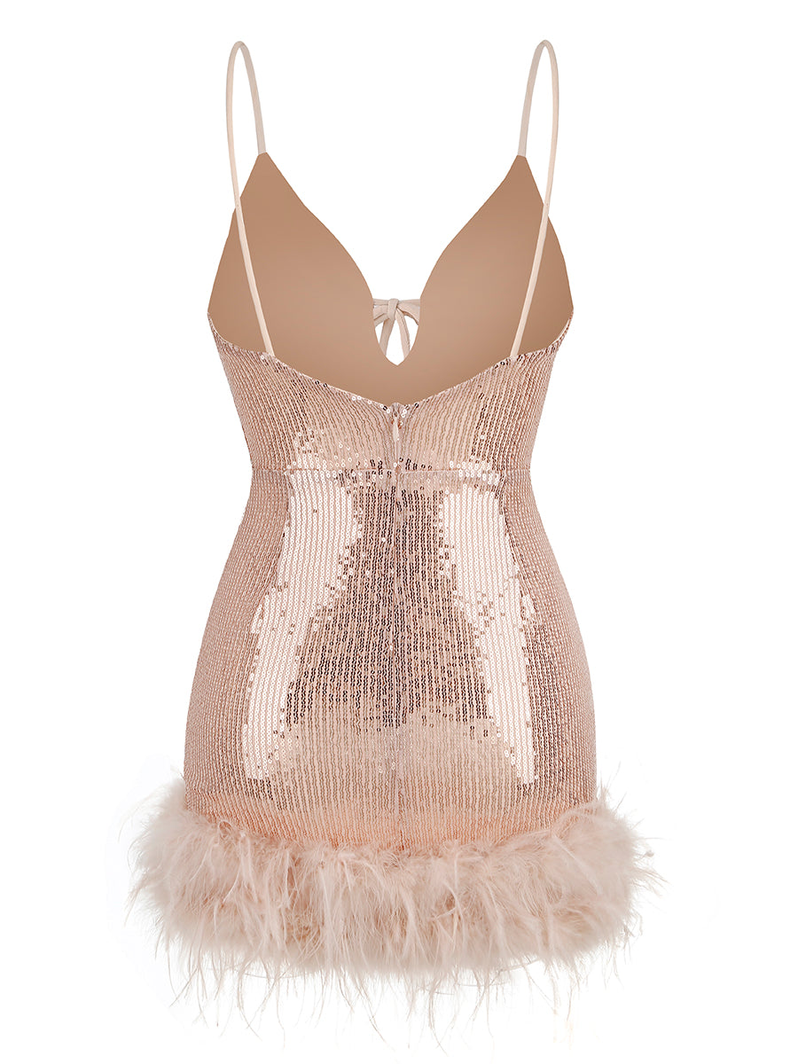 Feather Detail Sequin Dress Pink