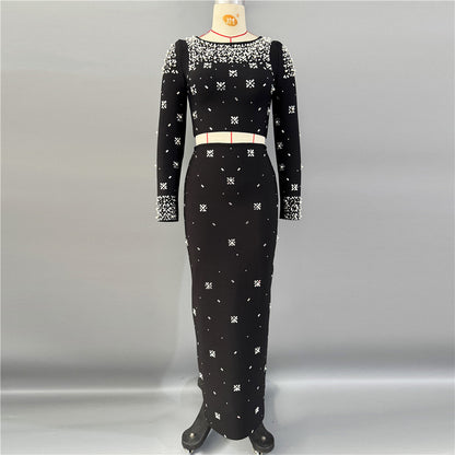 Long Sleeve Crystal Embellished Two Piece Maxi Dress HV3098