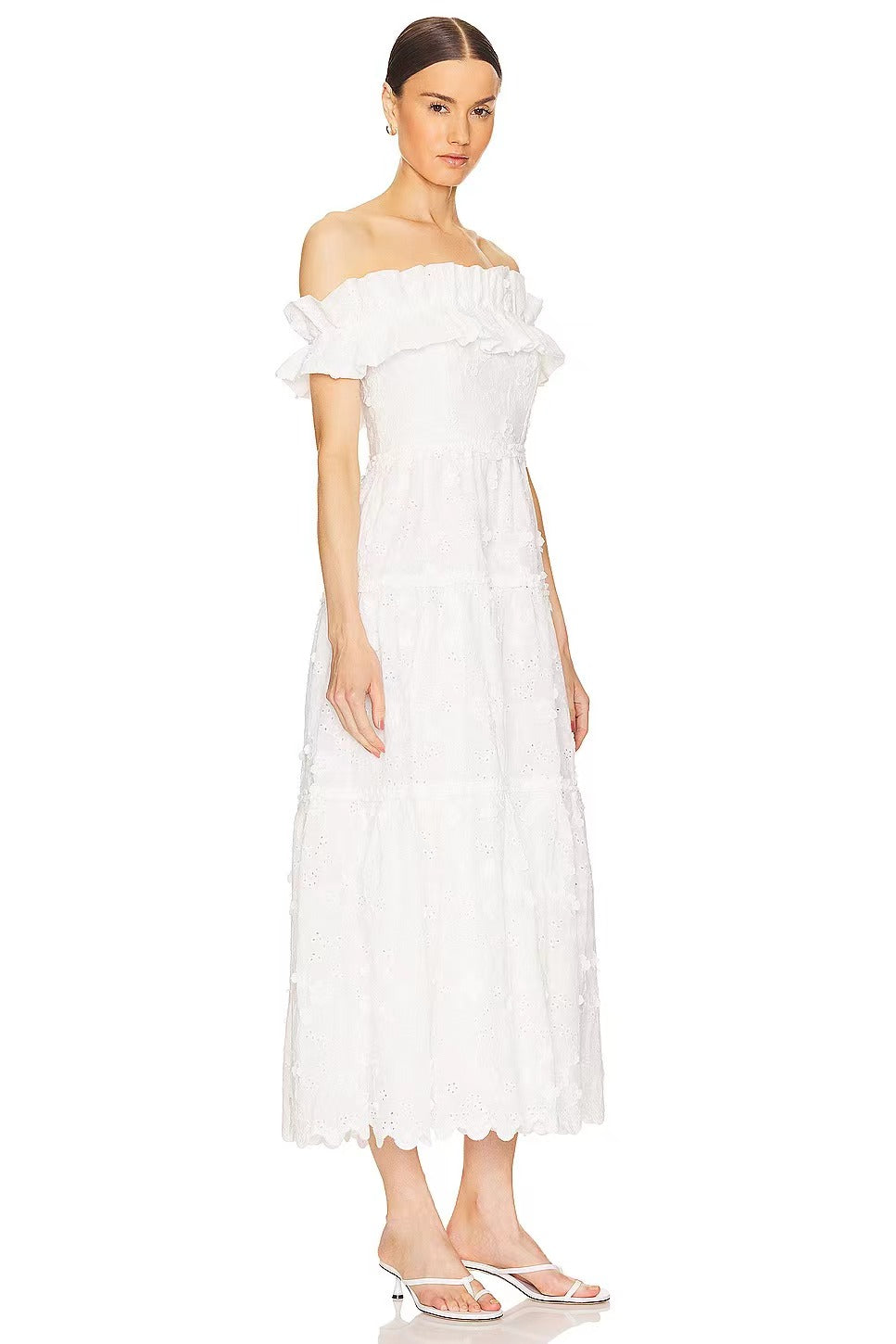 Ruffle Bardot A Line Midi Broderie Anglaise Dress White HV1407