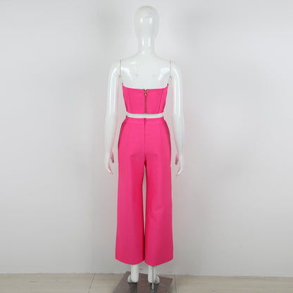 Strapless Crystal Bustier Two Piece Jumpsuit Hot Pink HV9772