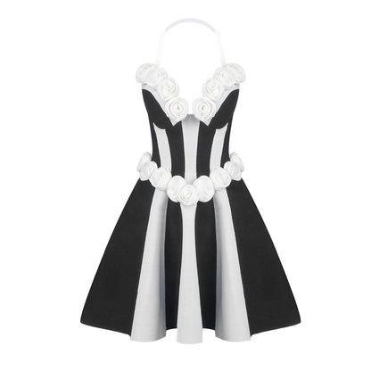 Strapless Floral Corset A Line Dress Black White HV2142