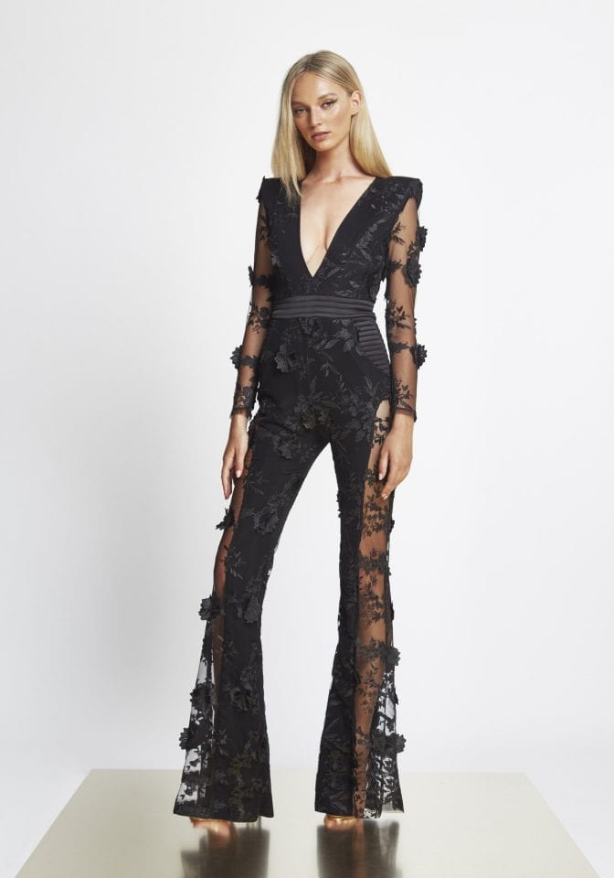 Long Sleeve Floral Lace Jumpsuit Black HV1988