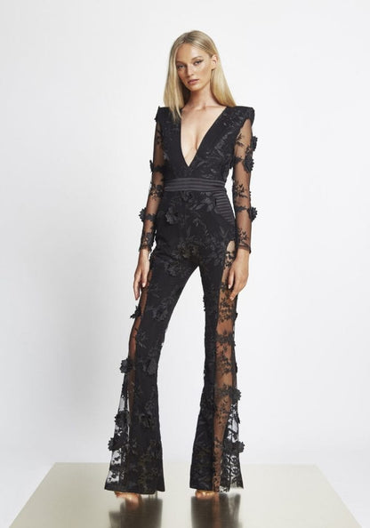 Long Sleeve Floral Lace Jumpsuit Black HV1988