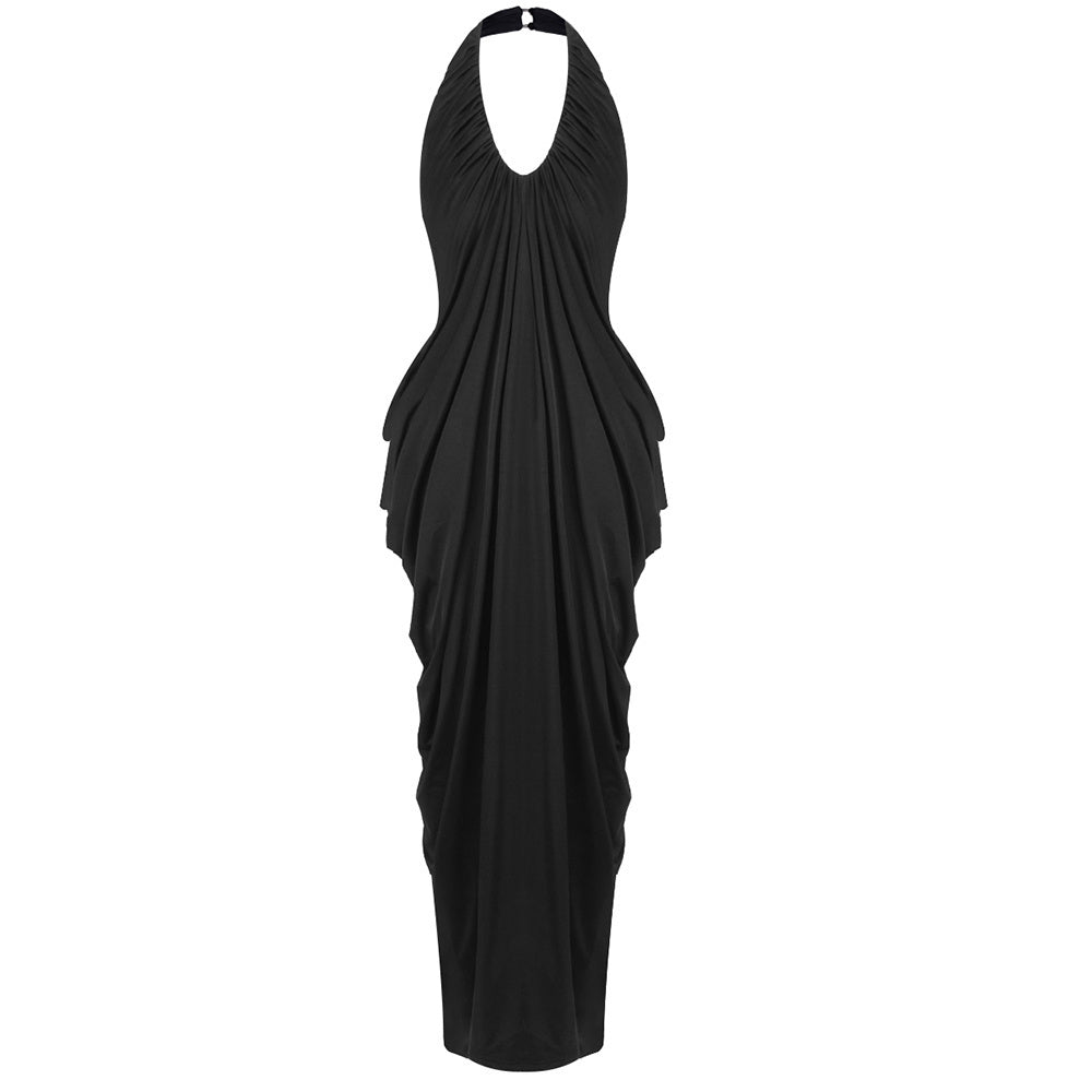 Halter Draped Design Maxi Dress Black HV0068