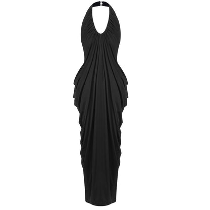 Halter Draped Design Maxi Dress Black HV0068