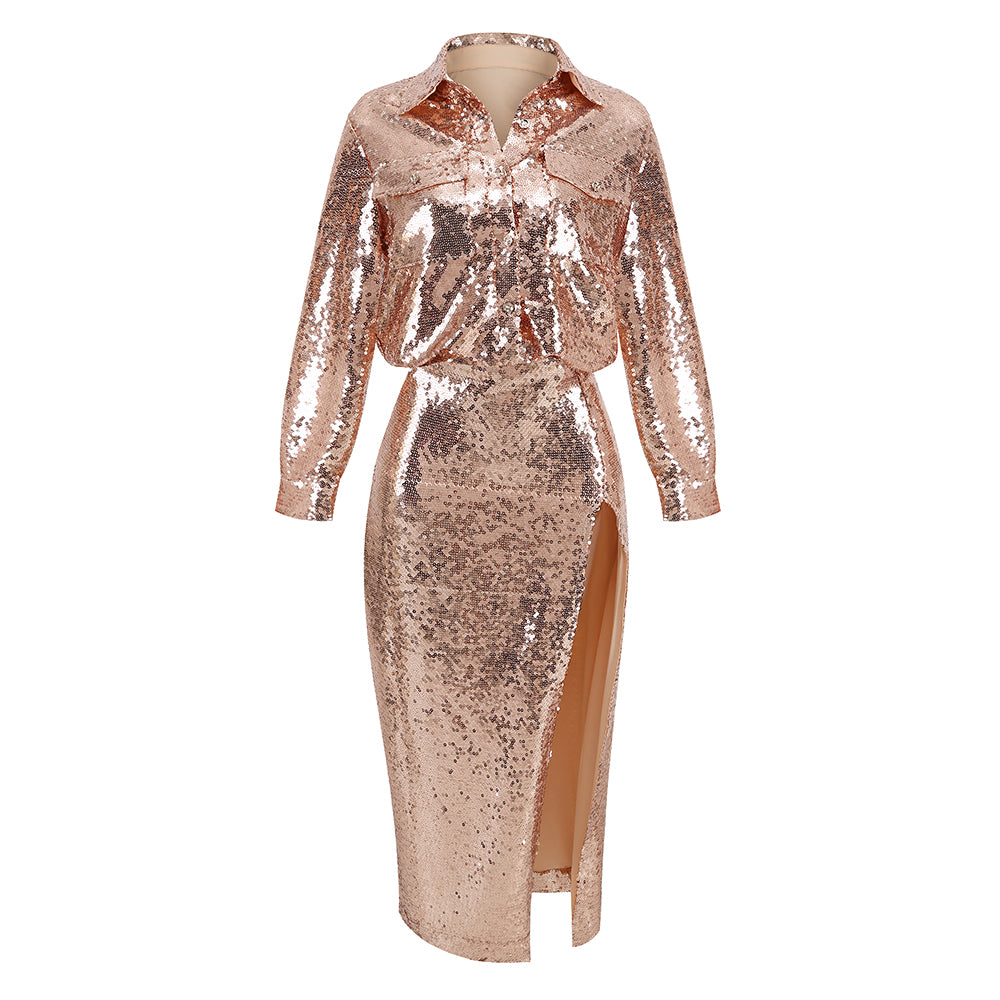 Long Sleeve Sequin Two Piece Midi Dress Gold HV9789