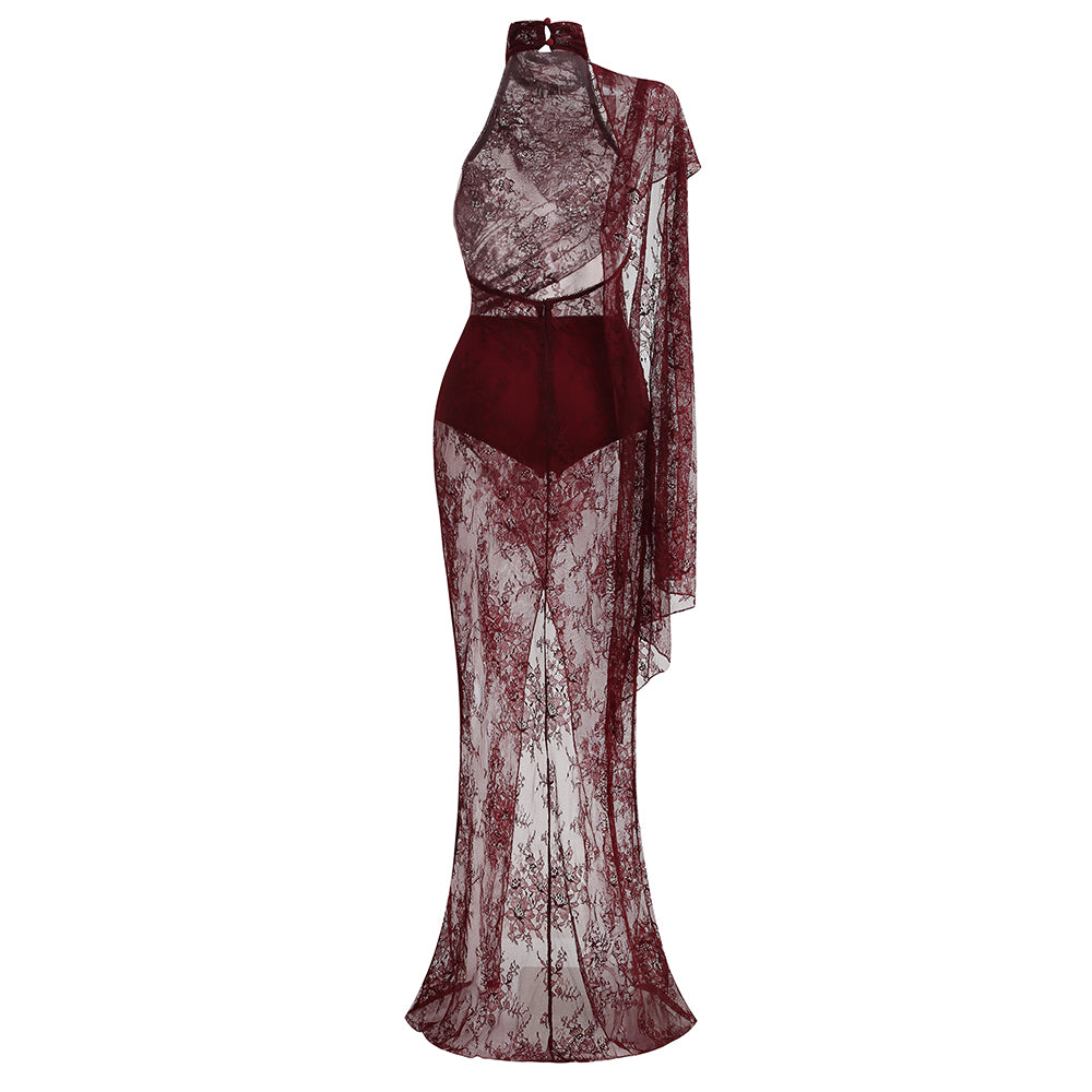 One Shoulder Lace Maxi Dress Burgundy HV2970