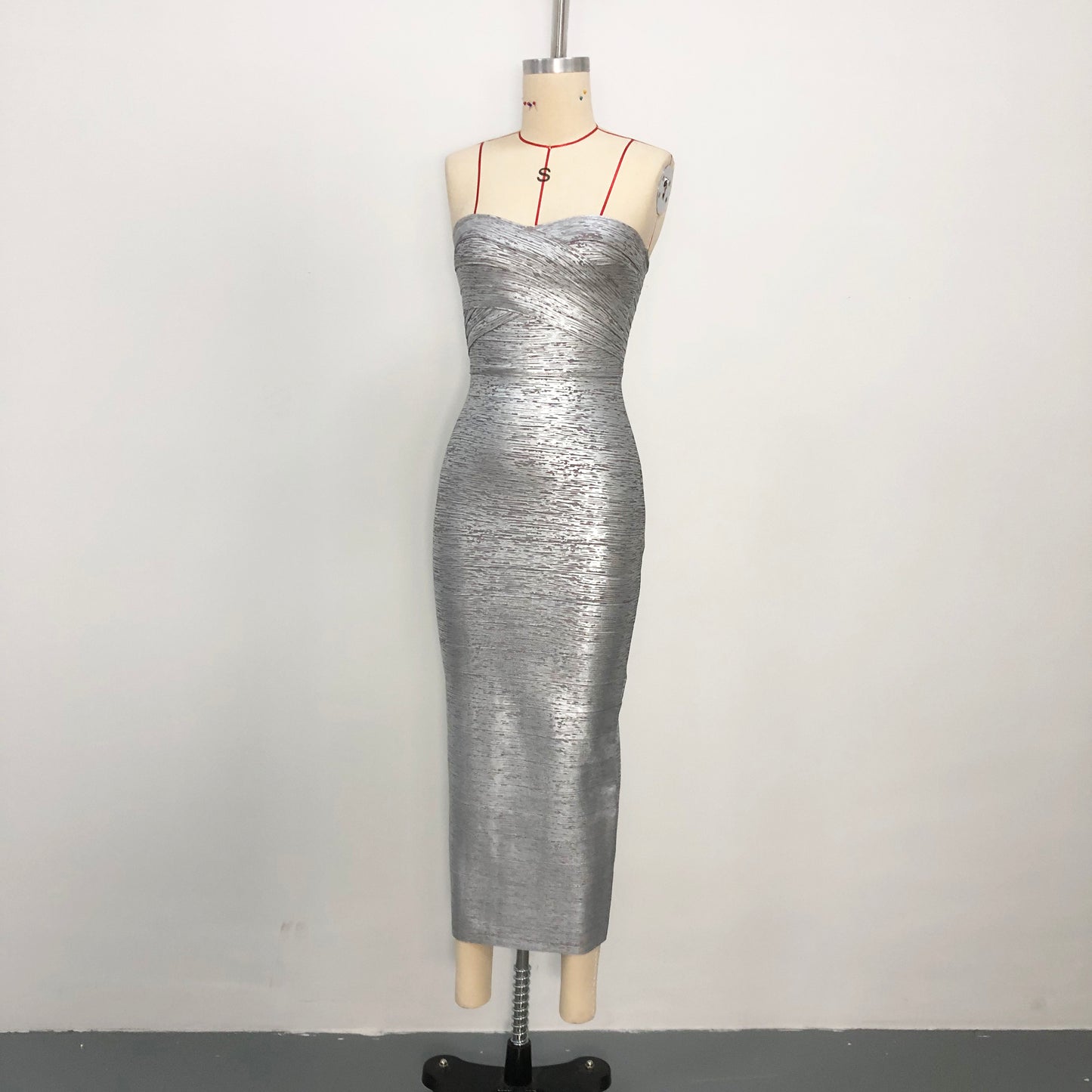 Strapless Woodgrain Foil Print Midi Dress Silver HV3069