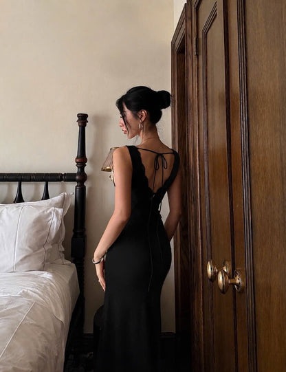 Lace Insert Bustier Maxi Dress Black HV0151