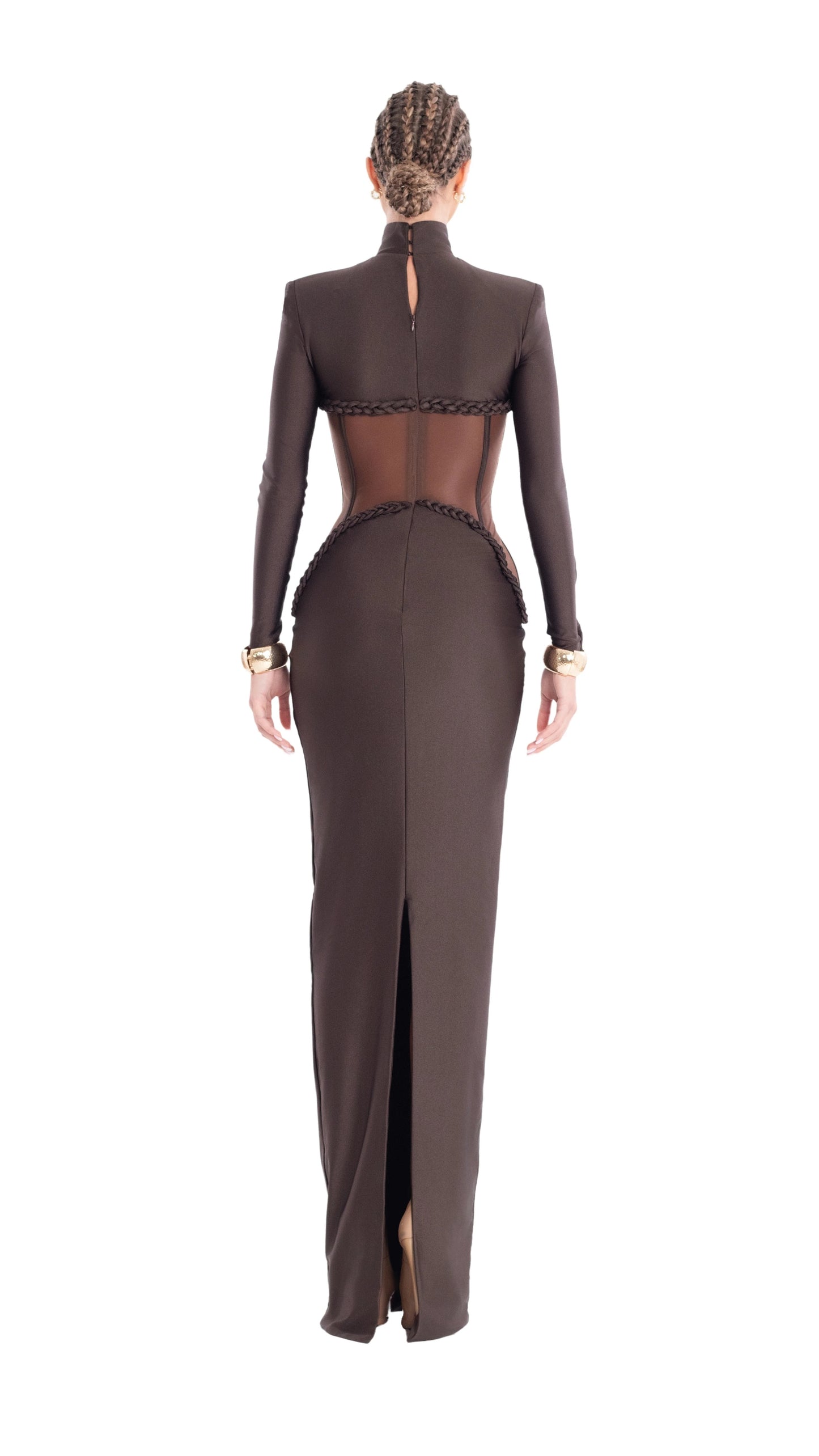 Long Sleeve Structured Mesh Maxi Dress Brown HV2648
