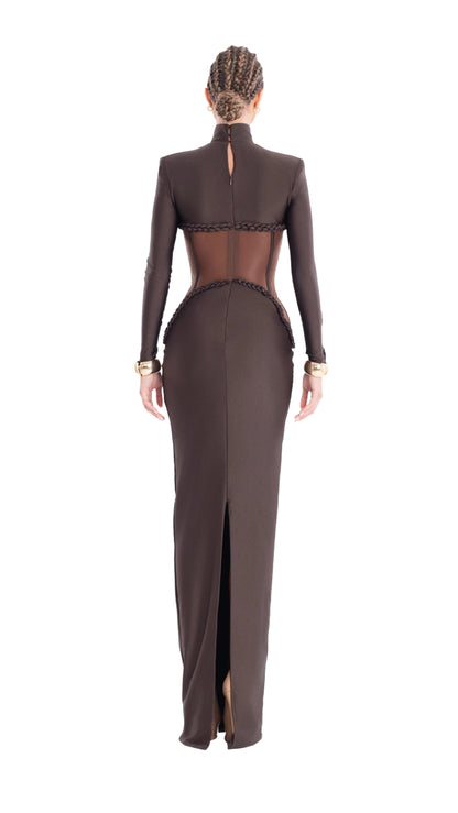 Long Sleeve Structured Mesh Maxi Dress Brown HV2648