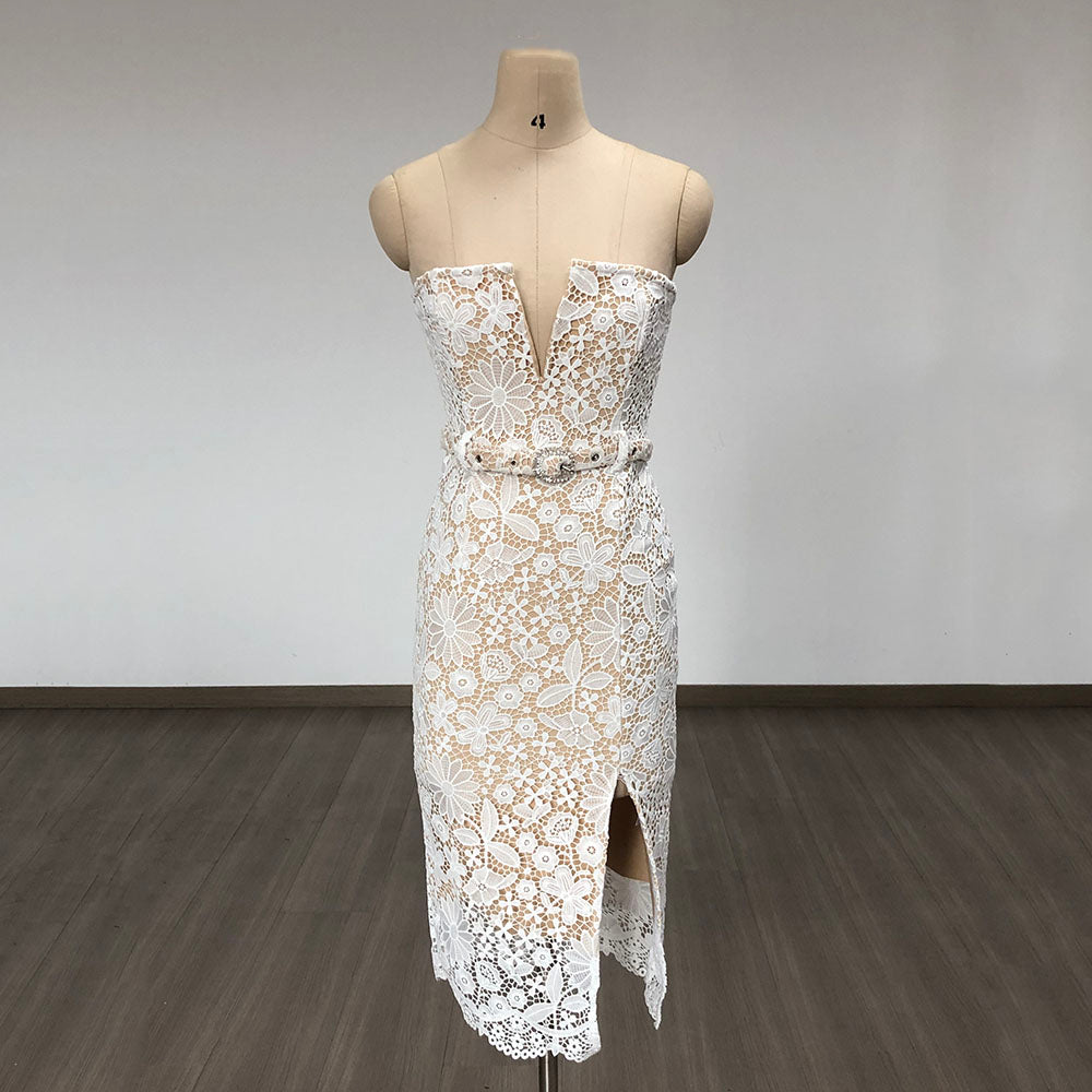 Strapless Floral Crochet Midi Dress White HV1778
