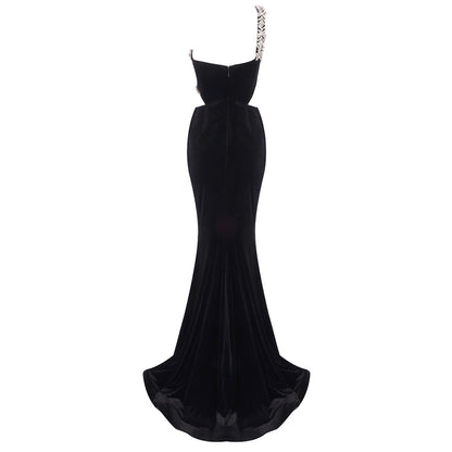 Crystal One Shoulder Mermaid Maxi Velvet Dress Black HV1166