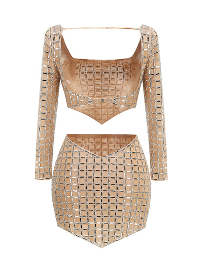 Long Sleeve Embellished Two Piece Dress Nude