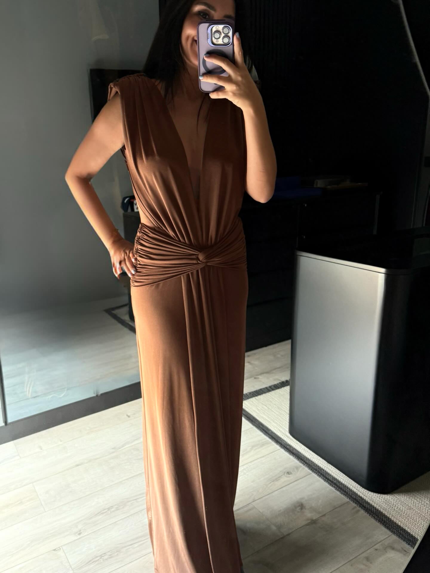 Backless Draped Maxi Dress Brown HV2673
