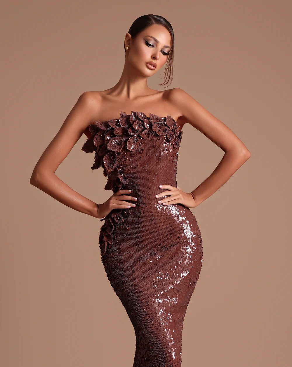 Strapless Sequin Floral Maxi Dress Brown HV2625