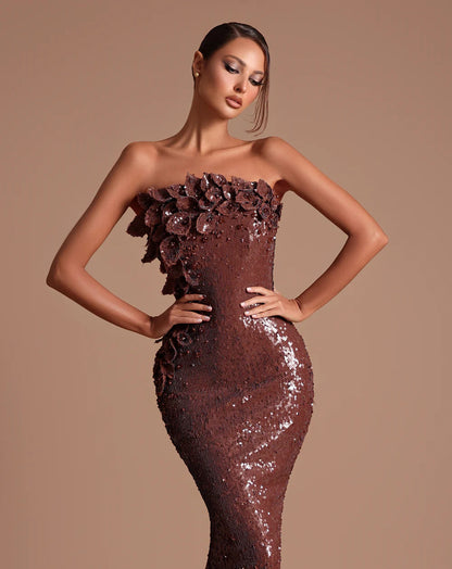 Strapless Sequin Floral Maxi Dress Brown HV2625