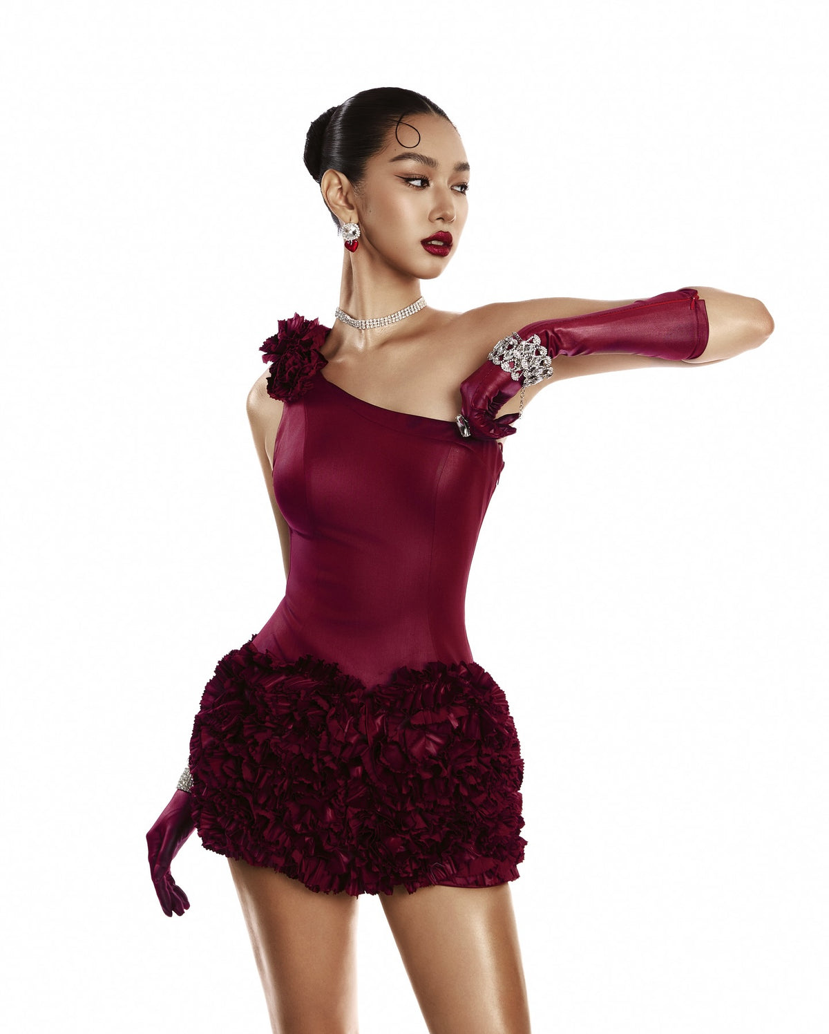 One Shoulder Floral Dress Burgundy HV3209
