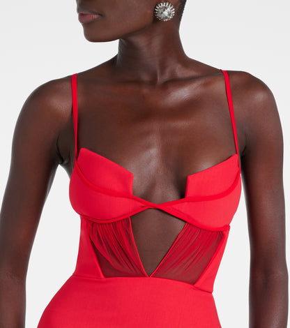 Bustier Draped Mesh Insert Maxi Dress Red HV2094