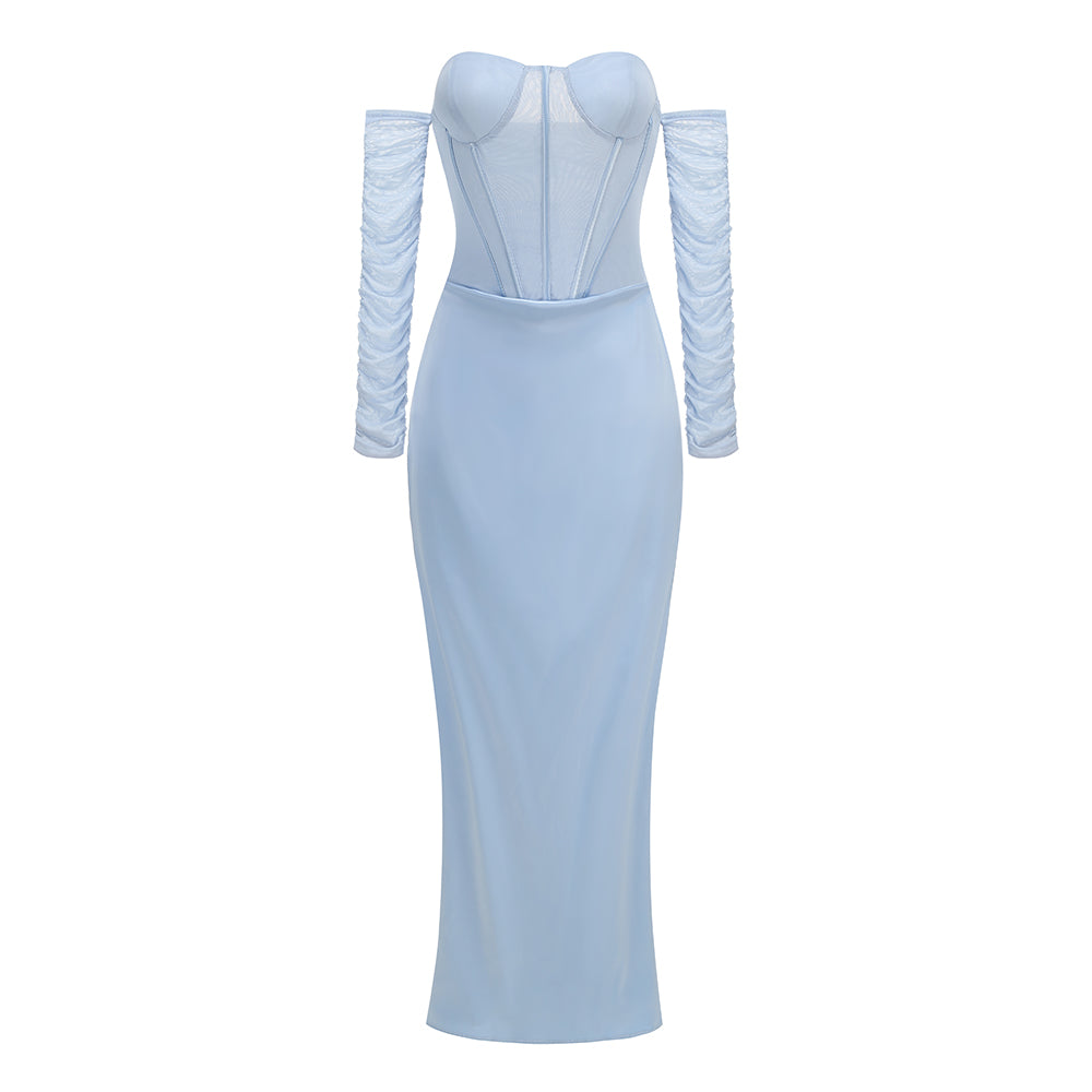 Long Sleeve Draped Mesh Bustier Maxi Dress Blue HV3179