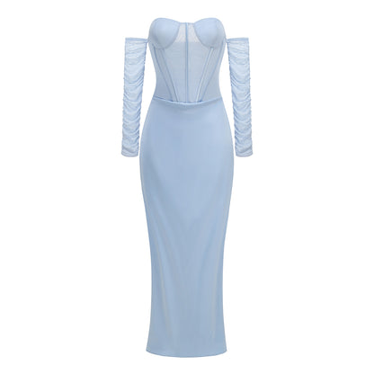 Long Sleeve Draped Mesh Bustier Maxi Dress Blue HV3179